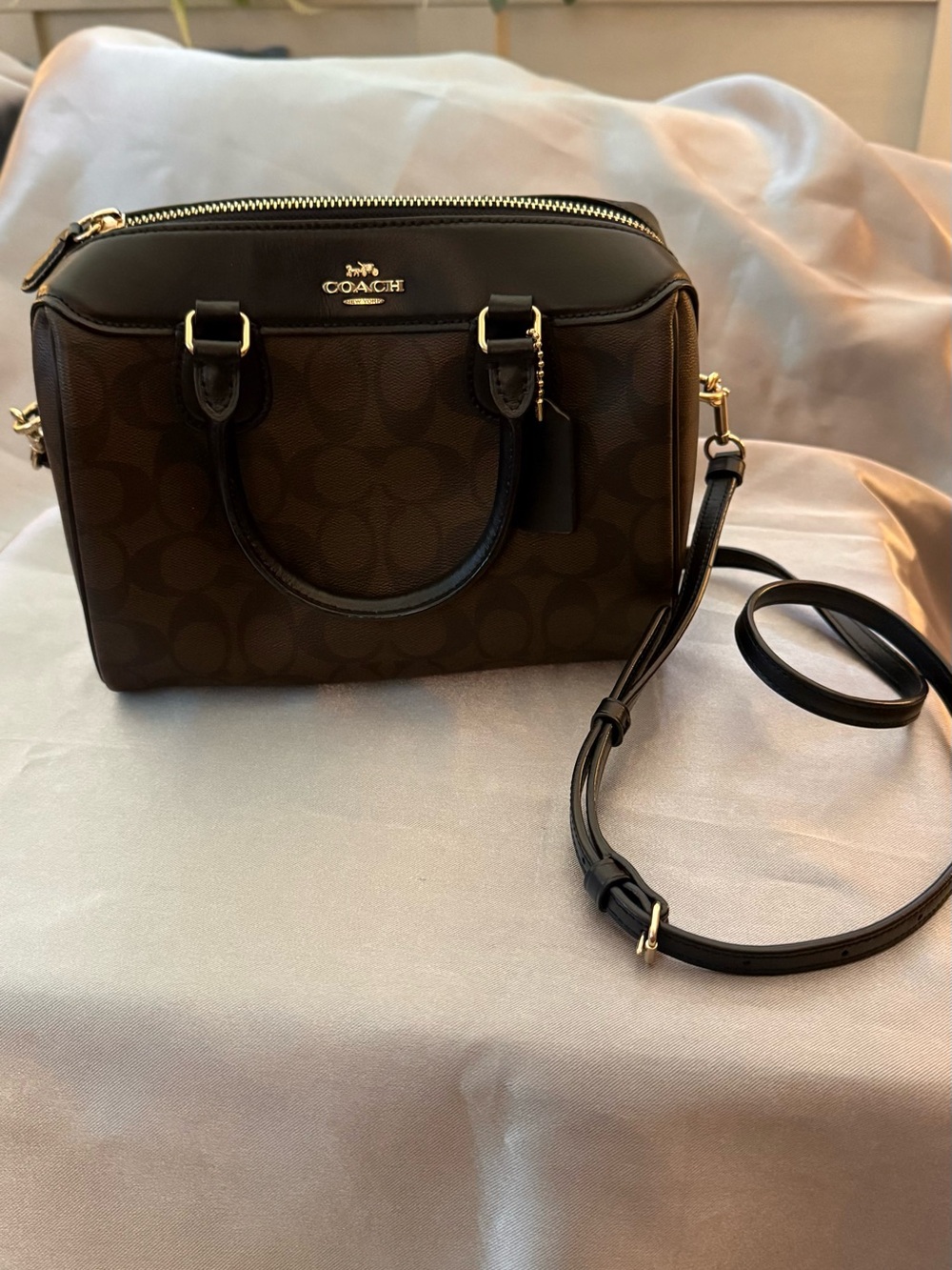 Coach Dark Brown Signature Canvas Satchel with Black Leather Trim